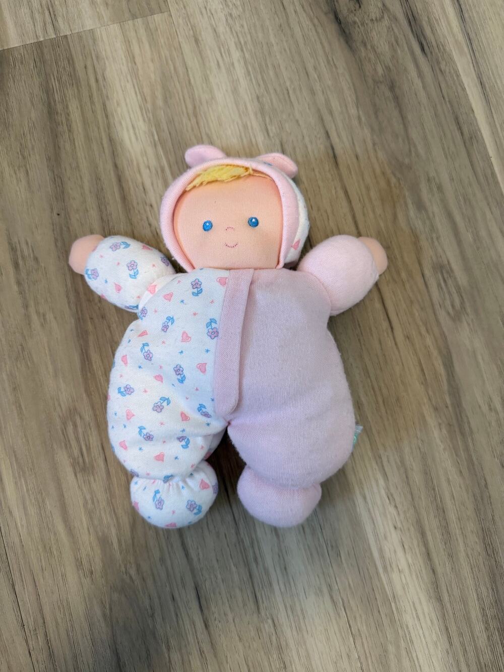 Vintage Eden Pink And White Plush Baby Doll Blonde Hair Blue Eyes Small Rag Doll